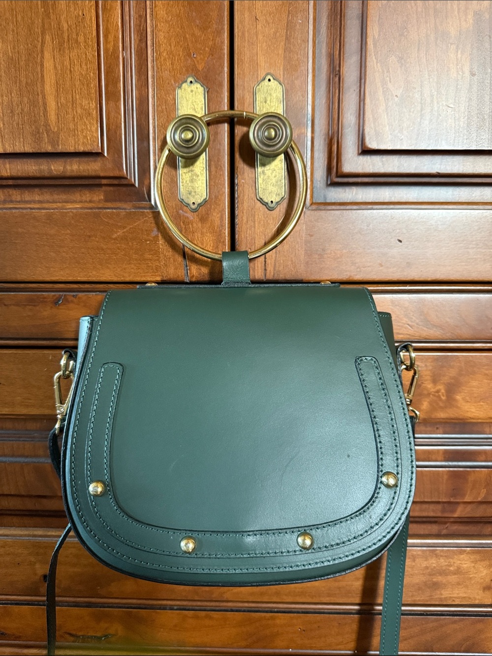 Leather Saddle Bag in Dark Green with Gold Accents